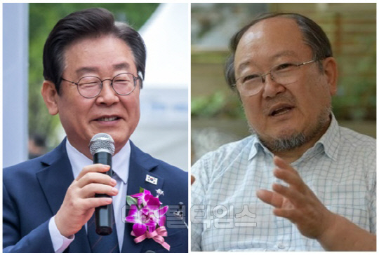 이재명(왼쪽) 더불어민주당 대표와 이래경 사단법인 다른백년 명예이사장. <디지털타임스 이슬기 기자, 연합뉴스>